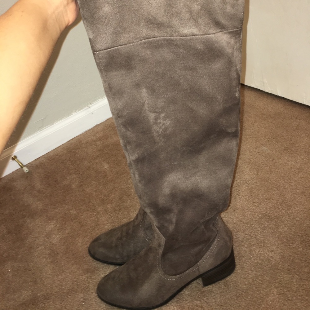 Taupe colored thigh high boots